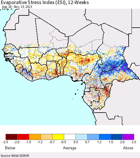 Western Africa Evaporative Stress Index (ESI), 12-Weeks Thematic Map For 11/13/2023 - 11/19/2023