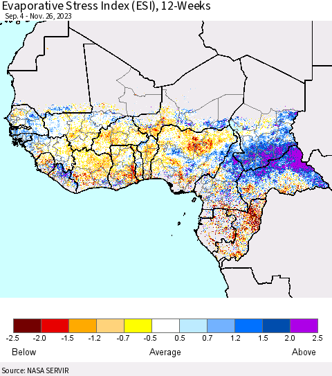 Western Africa Evaporative Stress Index (ESI), 12-Weeks Thematic Map For 11/20/2023 - 11/26/2023