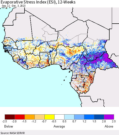 Western Africa Evaporative Stress Index (ESI), 12-Weeks Thematic Map For 11/27/2023 - 12/3/2023