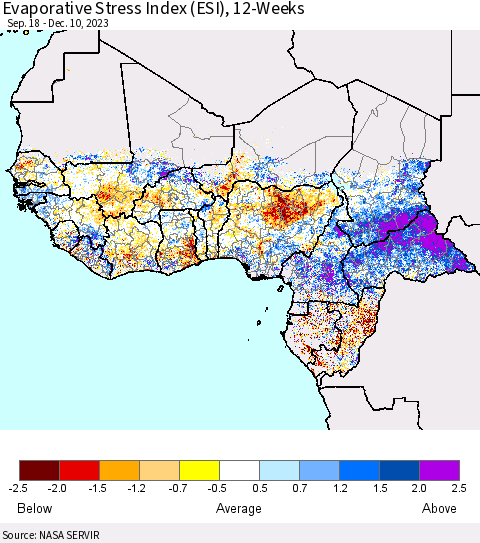 Western Africa Evaporative Stress Index (ESI), 12-Weeks Thematic Map For 12/4/2023 - 12/10/2023
