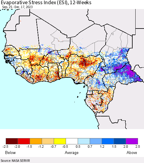Western Africa Evaporative Stress Index (ESI), 12-Weeks Thematic Map For 12/11/2023 - 12/17/2023