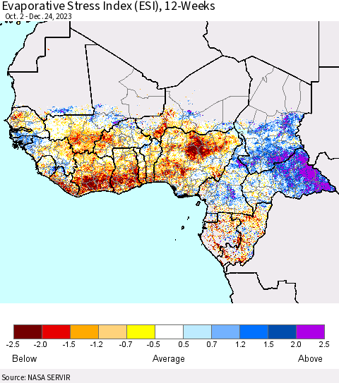 Western Africa Evaporative Stress Index (ESI), 12-Weeks Thematic Map For 12/18/2023 - 12/24/2023