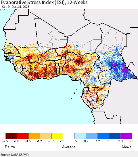 Western Africa Evaporative Stress Index (ESI), 12-Weeks Thematic Map For 12/25/2023 - 12/31/2023