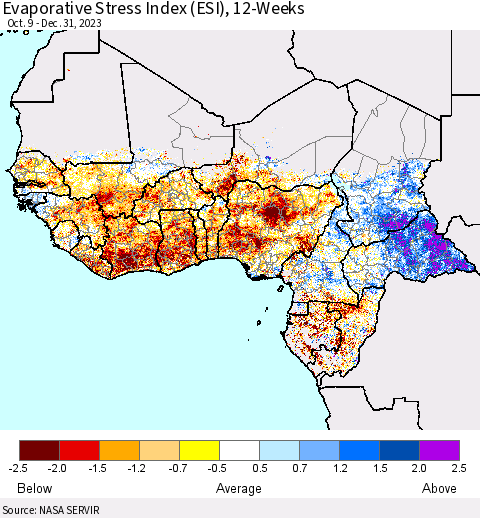 Western Africa Evaporative Stress Index (ESI), 12-Weeks Thematic Map For 1/1/2024 - 1/7/2024