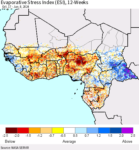 Western Africa Evaporative Stress Index (ESI), 12-Weeks Thematic Map For 1/8/2024 - 1/14/2024