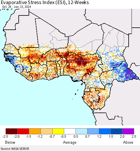 Western Africa Evaporative Stress Index (ESI), 12-Weeks Thematic Map For 1/15/2024 - 1/21/2024