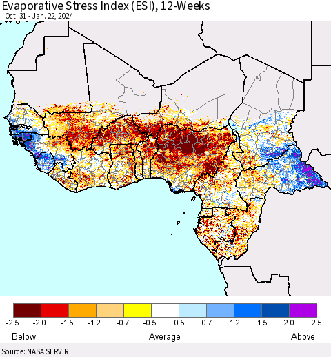 Western Africa Evaporative Stress Index (ESI), 12-Weeks Thematic Map For 1/22/2024 - 1/28/2024