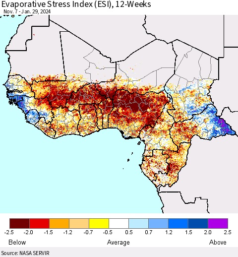 Western Africa Evaporative Stress Index (ESI), 12-Weeks Thematic Map For 1/29/2024 - 2/4/2024