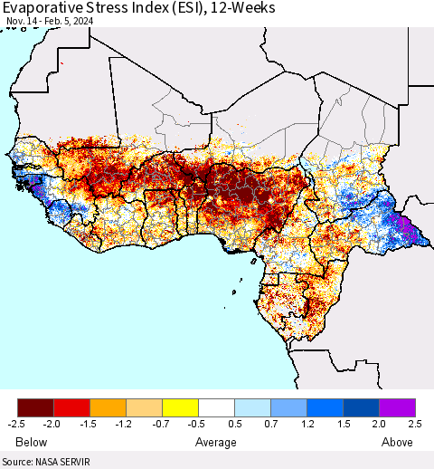 Western Africa Evaporative Stress Index (ESI), 12-Weeks Thematic Map For 2/5/2024 - 2/11/2024