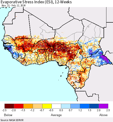Western Africa Evaporative Stress Index (ESI), 12-Weeks Thematic Map For 2/12/2024 - 2/18/2024