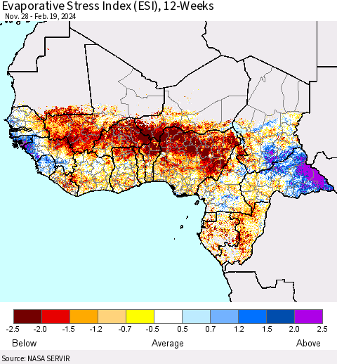 Western Africa Evaporative Stress Index (ESI), 12-Weeks Thematic Map For 2/19/2024 - 2/25/2024