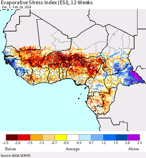 Western Africa Evaporative Stress Index (ESI), 12-Weeks Thematic Map For 2/26/2024 - 3/3/2024