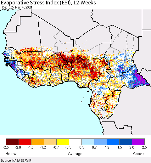 Western Africa Evaporative Stress Index (ESI), 12-Weeks Thematic Map For 3/4/2024 - 3/10/2024
