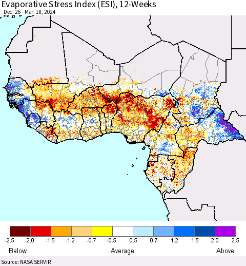 Western Africa Evaporative Stress Index (ESI), 12-Weeks Thematic Map For 3/18/2024 - 3/24/2024