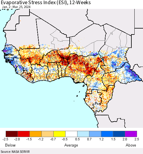 Western Africa Evaporative Stress Index (ESI), 12-Weeks Thematic Map For 3/25/2024 - 3/31/2024