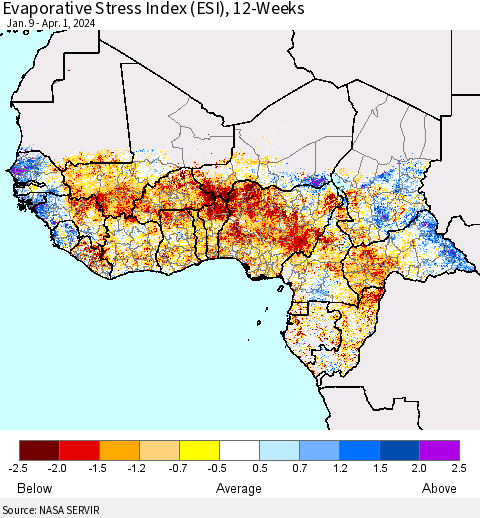 Western Africa Evaporative Stress Index (ESI), 12-Weeks Thematic Map For 4/1/2024 - 4/7/2024