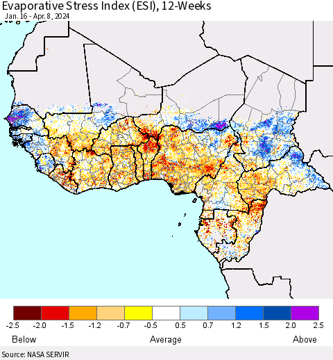 Western Africa Evaporative Stress Index (ESI), 12-Weeks Thematic Map For 4/8/2024 - 4/14/2024