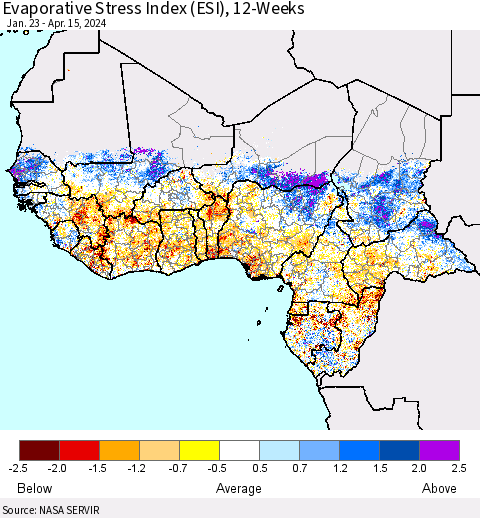 Western Africa Evaporative Stress Index (ESI), 12-Weeks Thematic Map For 4/15/2024 - 4/21/2024