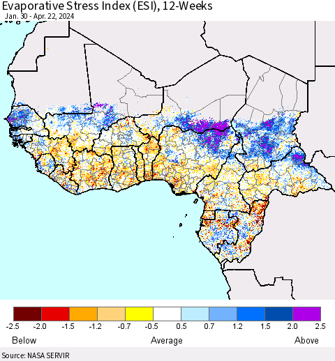Western Africa Evaporative Stress Index (ESI), 12-Weeks Thematic Map For 4/22/2024 - 4/28/2024