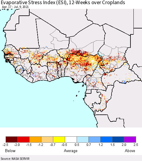 Western Africa Evaporative Stress Index (ESI), 12-Weeks over Croplands Thematic Map For 7/5/2021 - 7/11/2021