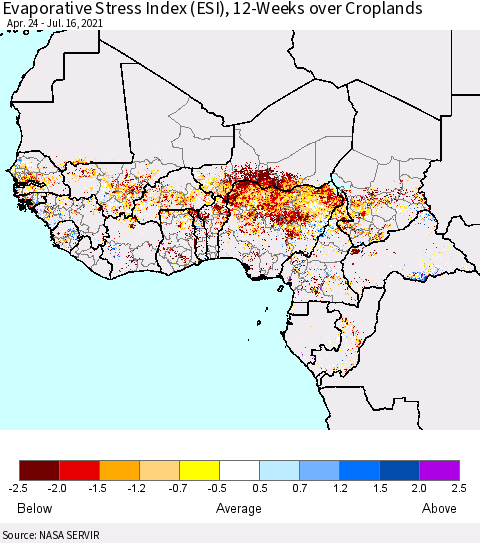 Western Africa Evaporative Stress Index (ESI), 12-Weeks over Croplands Thematic Map For 7/12/2021 - 7/18/2021
