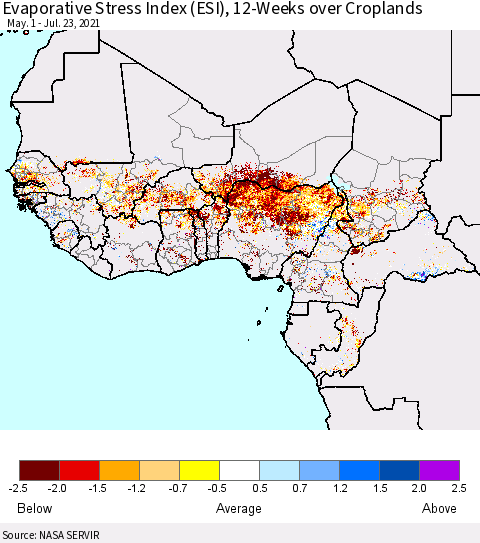 Western Africa Evaporative Stress Index (ESI), 12-Weeks over Croplands Thematic Map For 7/19/2021 - 7/25/2021