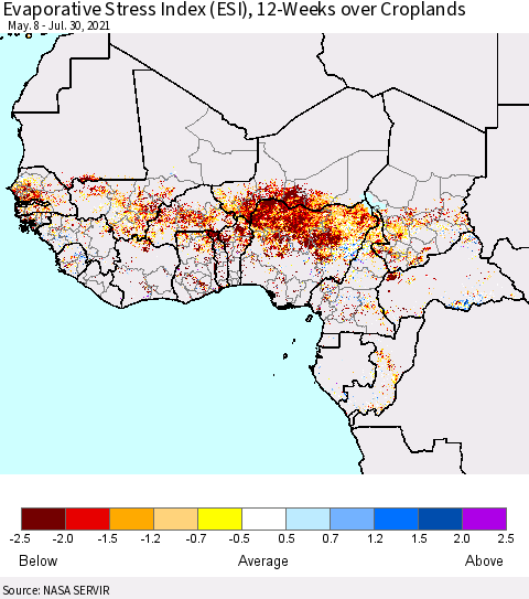 Western Africa Evaporative Stress Index (ESI), 12-Weeks over Croplands Thematic Map For 7/26/2021 - 8/1/2021