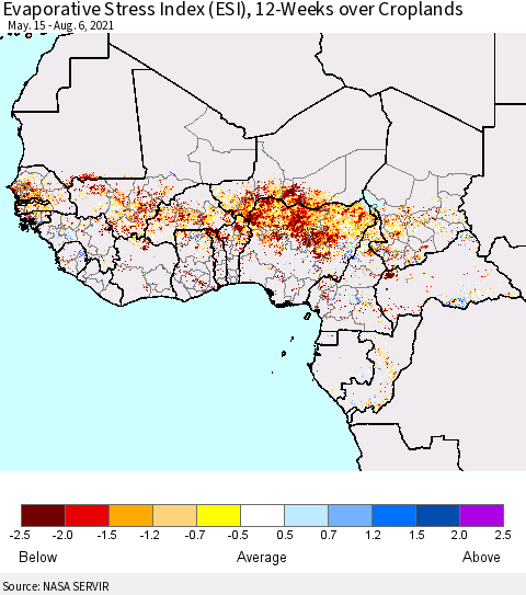Western Africa Evaporative Stress Index (ESI), 12-Weeks over Croplands Thematic Map For 8/2/2021 - 8/8/2021