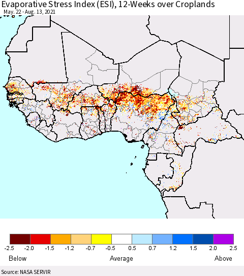 Western Africa Evaporative Stress Index (ESI), 12-Weeks over Croplands Thematic Map For 8/9/2021 - 8/15/2021