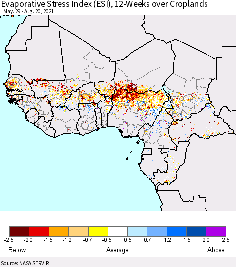 Western Africa Evaporative Stress Index (ESI), 12-Weeks over Croplands Thematic Map For 8/16/2021 - 8/22/2021