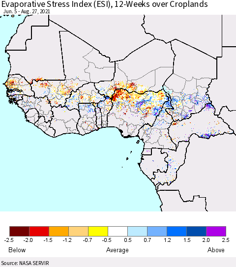 Western Africa Evaporative Stress Index (ESI), 12-Weeks over Croplands Thematic Map For 8/23/2021 - 8/29/2021