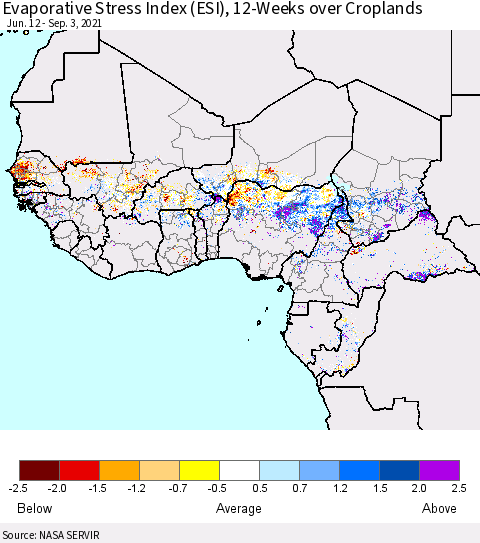 Western Africa Evaporative Stress Index (ESI), 12-Weeks over Croplands Thematic Map For 8/30/2021 - 9/5/2021