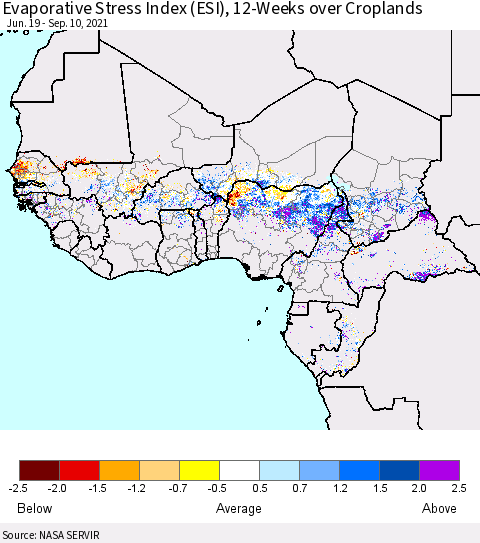 Western Africa Evaporative Stress Index (ESI), 12-Weeks over Croplands Thematic Map For 9/6/2021 - 9/12/2021