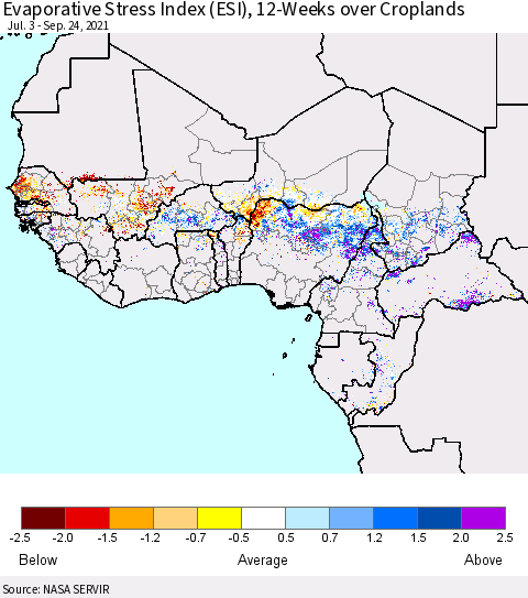 Western Africa Evaporative Stress Index (ESI), 12-Weeks over Croplands Thematic Map For 9/20/2021 - 9/26/2021