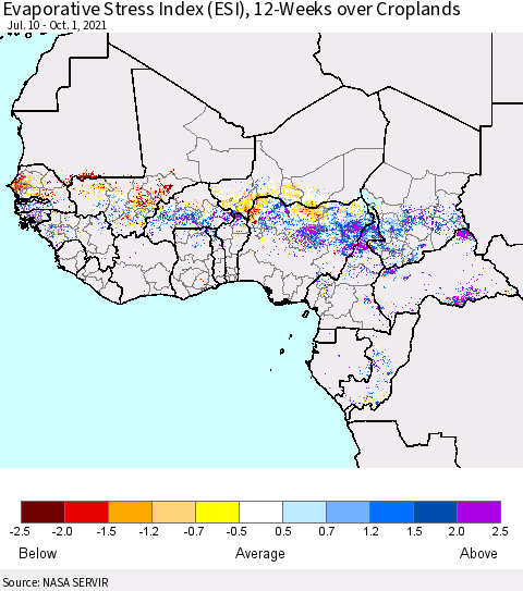 Western Africa Evaporative Stress Index (ESI), 12-Weeks over Croplands Thematic Map For 9/27/2021 - 10/3/2021