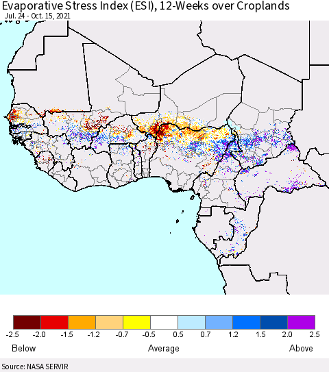 Western Africa Evaporative Stress Index (ESI), 12-Weeks over Croplands Thematic Map For 10/11/2021 - 10/17/2021
