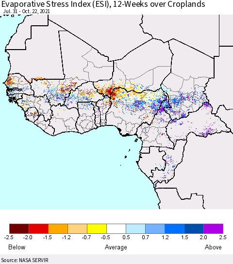 Western Africa Evaporative Stress Index (ESI), 12-Weeks over Croplands Thematic Map For 10/18/2021 - 10/24/2021