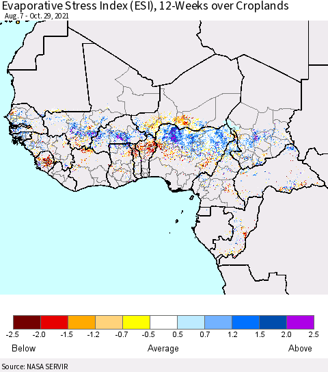 Western Africa Evaporative Stress Index (ESI), 12-Weeks over Croplands Thematic Map For 10/25/2021 - 10/31/2021