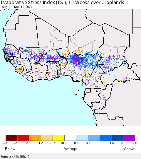 Western Africa Evaporative Stress Index (ESI), 12-Weeks over Croplands Thematic Map For 11/8/2021 - 11/14/2021