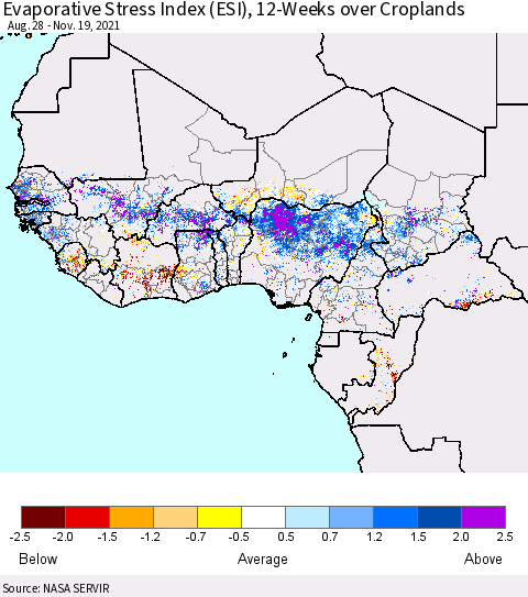 Western Africa Evaporative Stress Index (ESI), 12-Weeks over Croplands Thematic Map For 11/15/2021 - 11/21/2021