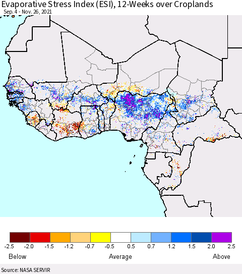 Western Africa Evaporative Stress Index (ESI), 12-Weeks over Croplands Thematic Map For 11/22/2021 - 11/28/2021