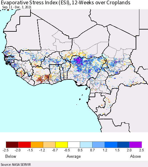 Western Africa Evaporative Stress Index (ESI), 12-Weeks over Croplands Thematic Map For 11/29/2021 - 12/5/2021