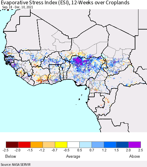 Western Africa Evaporative Stress Index (ESI), 12-Weeks over Croplands Thematic Map For 12/6/2021 - 12/12/2021