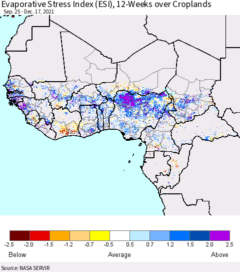Western Africa Evaporative Stress Index (ESI), 12-Weeks over Croplands Thematic Map For 12/13/2021 - 12/19/2021