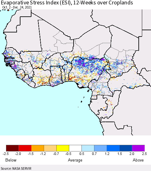Western Africa Evaporative Stress Index (ESI), 12-Weeks over Croplands Thematic Map For 12/20/2021 - 12/26/2021
