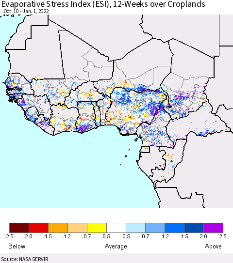 Western Africa Evaporative Stress Index (ESI), 12-Weeks over Croplands Thematic Map For 12/27/2021 - 1/2/2022
