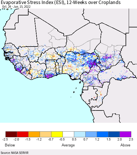 Western Africa Evaporative Stress Index (ESI), 12-Weeks over Croplands Thematic Map For 1/10/2022 - 1/16/2022