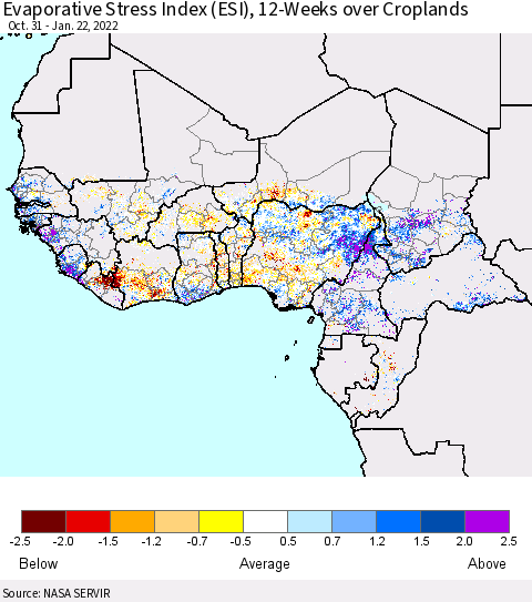 Western Africa Evaporative Stress Index (ESI), 12-Weeks over Croplands Thematic Map For 1/17/2022 - 1/23/2022