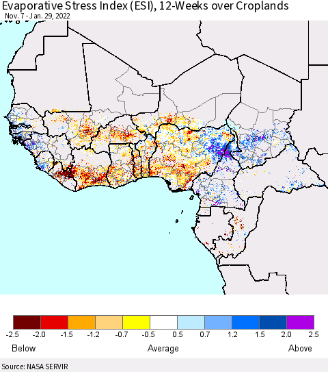 Western Africa Evaporative Stress Index (ESI), 12-Weeks over Croplands Thematic Map For 1/24/2022 - 1/30/2022