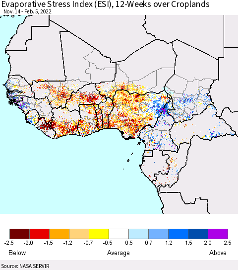 Western Africa Evaporative Stress Index (ESI), 12-Weeks over Croplands Thematic Map For 1/31/2022 - 2/6/2022